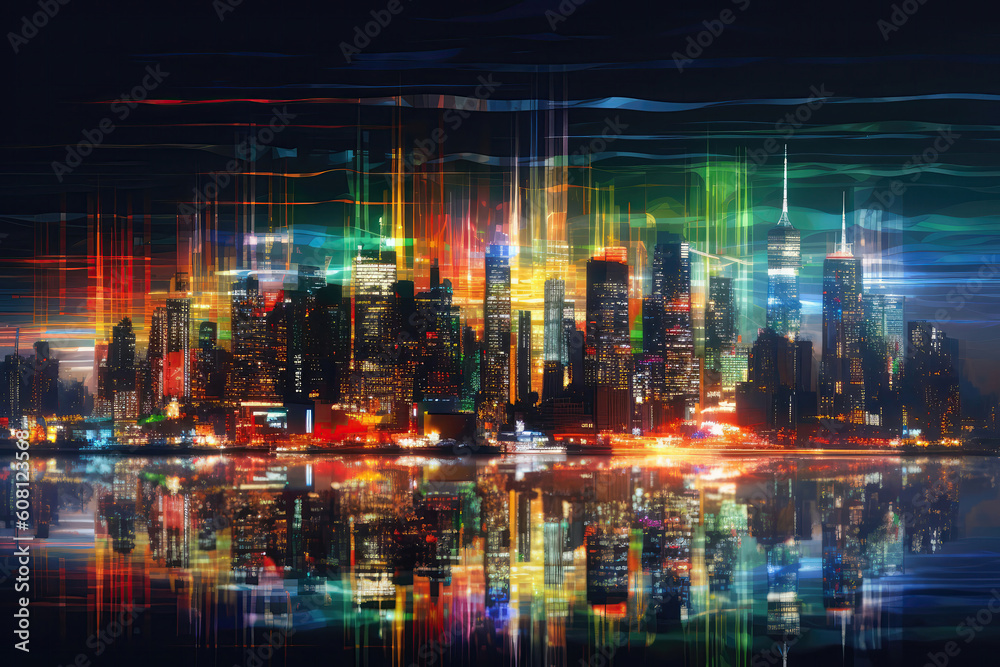 Dynamic City Skyline At Dusk With Colorful Streaks. Generative AI
