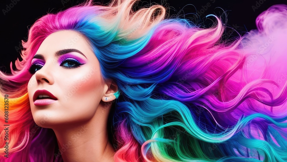 Fototapeta premium Beauty digital art portrait of color haired young woman with makeup and long hair in neon colors. Closeup portrait banner on black background. Generative AI