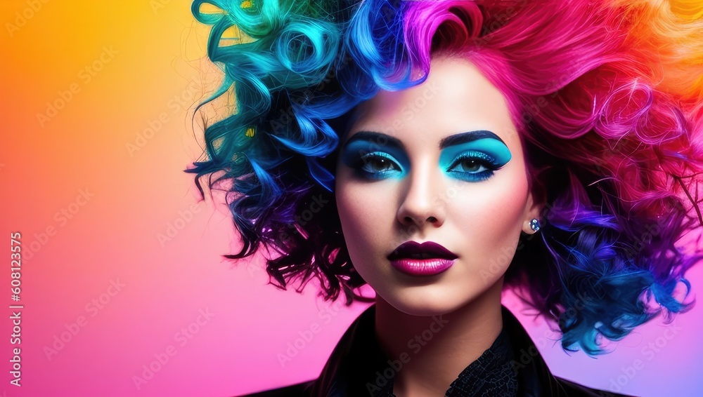 Beauty digital art portrait of color haired young woman with makeup and long hair in neon colors. Closeup portrait banner on black background. Generative AI