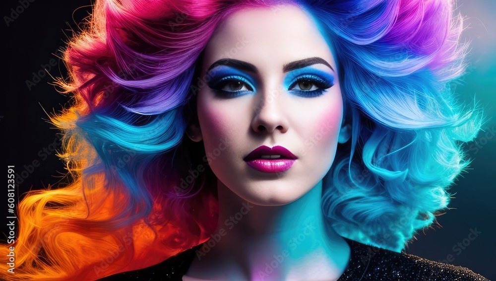 Beauty portrait of color haired young woman with makeup and long hair in neon colors. Closeup portrait banner on black background. Generative AI