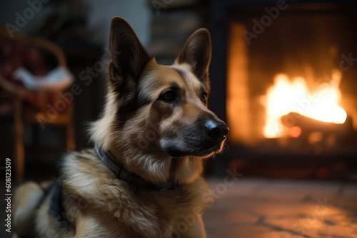 Dog Against The Unfocused Fireplace. Generative AI
