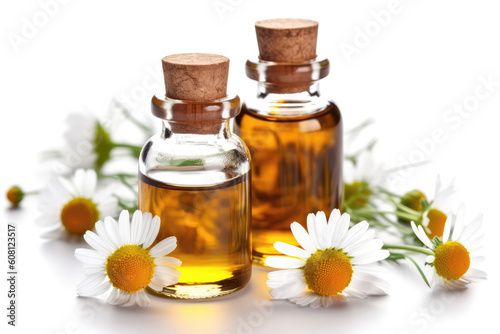 Chamomile Essential Oil In Small Brown Bottle Next To Chamomile On White Background. Generative AI