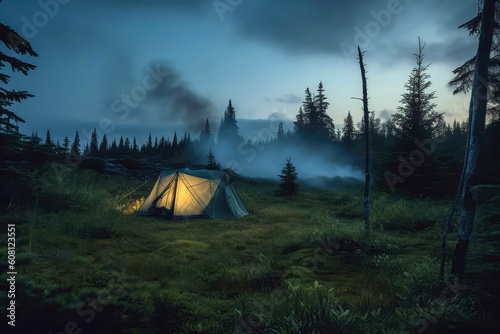Dusk Settles Over Cozy Tent In Remote Camping Site. Generative AI