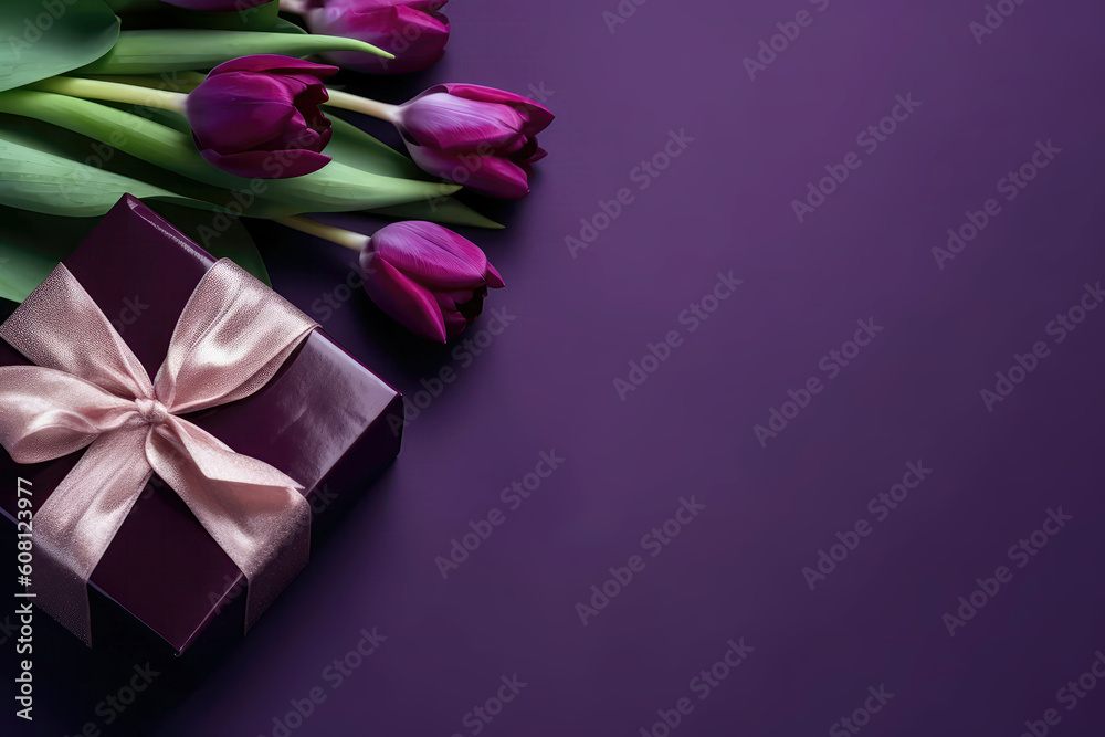 Photo Of The Top View Of The Copy Space And The Luxurious Purple Gift Box With Ribbon Bow On The Side And Bouquet Of Silver Tulips With Copypaste Purple Background. Generative AI Photo Of The Top View Of The Copy Space And The Luxurious Purple Gift Box With Ribbon Bow On The Side And Bouquet Of Silver Tulips With Copypaste Purple Background. Generative AI
