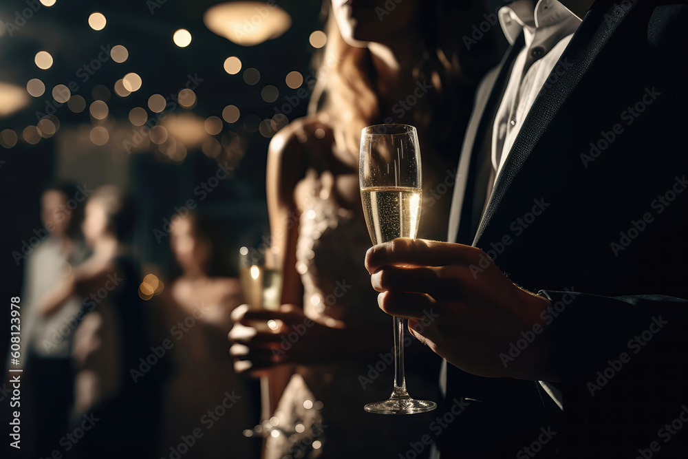 Newlywed Couple Holding Champagne Glasses In The Background Of Party. Generative AI