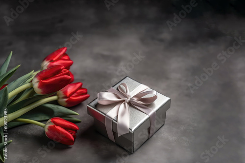 Photo Of The Top View Of The Copy Space And The Elegant Silver Gift Box With Ribbon Bow On The Side And Bouquet Of Red Tulips With Copypaste Silver Background. Generative AI photo