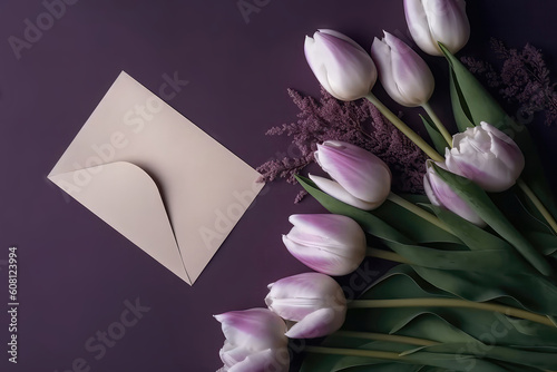 Photograph Of Top View Of Copy Space And Lavender Envelope And Bouquet Of White Tulips With Copy Paste Lavender Background. Generative AI photo