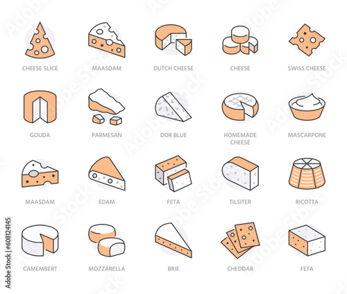 Cheese flat line icons set. Parmesan, mozzarella, yogurt, dutch, ricotta, butter, gouda piece vector illustrations. Outline signs for dairy product store. Orange color. Editable Stroke