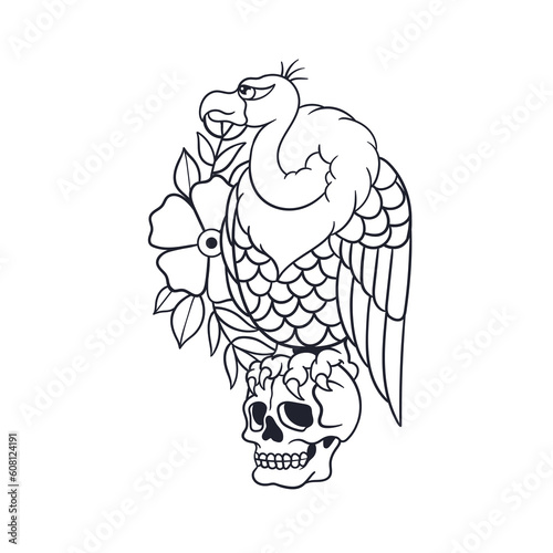 Hand drawn illustration of a vulture traditional tattoo outline