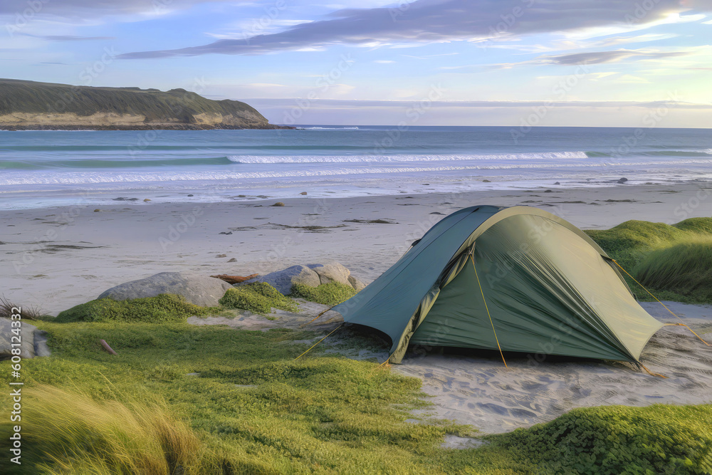 Tent Pitched On Sandy Beach, Offering Coastal Camping Bliss. Generative AI