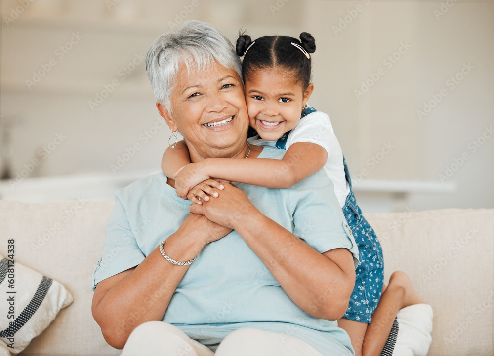 Family, grandmother and grandchild hug with smile in portrait, happiness and bonding at home. Love, care and trust with elderly woman and young child in living room, embrace and happy at house - obrazy, fototapety, plakaty 