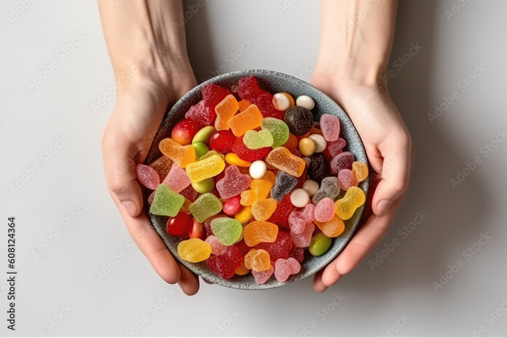 Womans Hands Holding Bowl Of Assorted Candies On White Background, Top View. Generative AI Womans Hands Holding Bowl Of Assorted Candies On White Background, Top View. Generative AI
