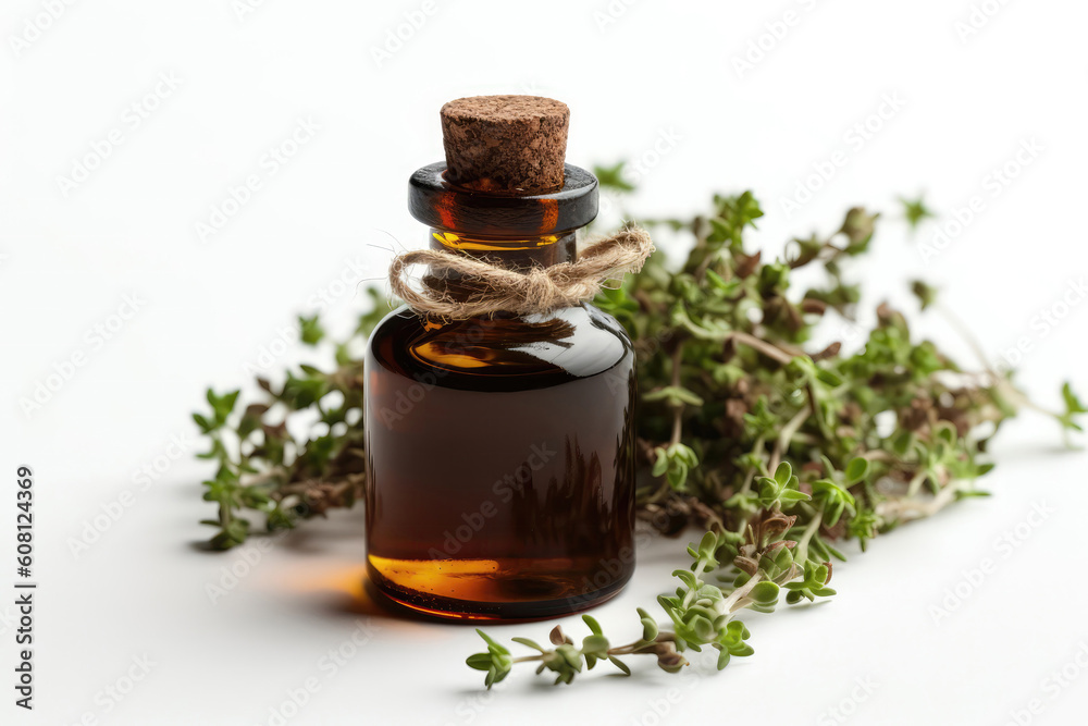 Thyme Essential Oil In Small Brown Bottle Next To Thyme On White Background. Generative AI Thyme Essential Oil In Small Brown Bottle Next To Thyme On White Background. Generative AI