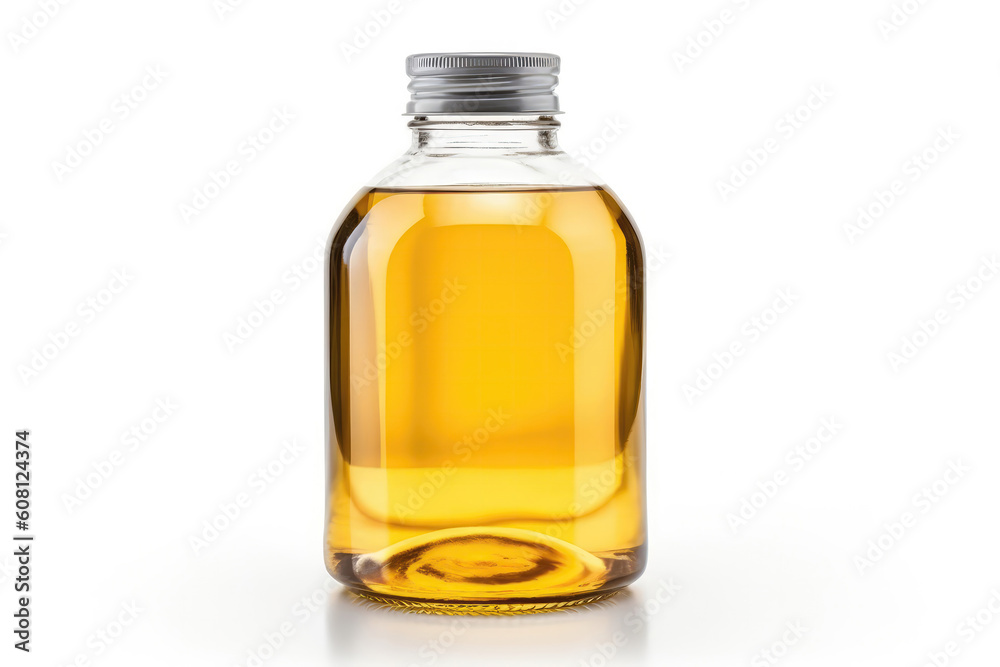 Transparent Oil Bottle On White Background. Generative AI Transparent Oil Bottle On White Background. Generative AI