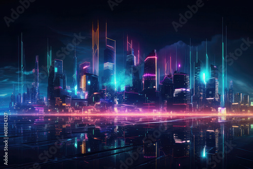 Technological City Skyline Illuminated With Neon Lighting. Generative AI