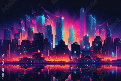 Vibrant Neon Cityscape With Towering Skyscrapers. Generative AI