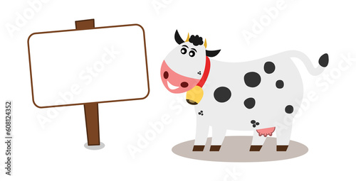 Smiling dairy cow with her bell and with billboard on transparent background