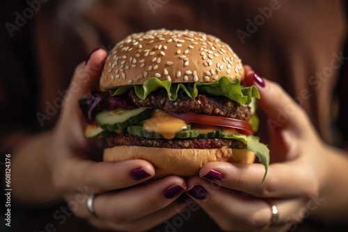 Vegan Burger In Womens Hands Closeup. Generative AI photo