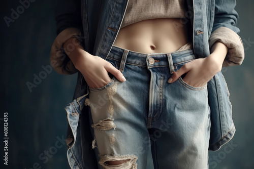 Woman Holds Full Leg Of Jeans. Generative AI photo