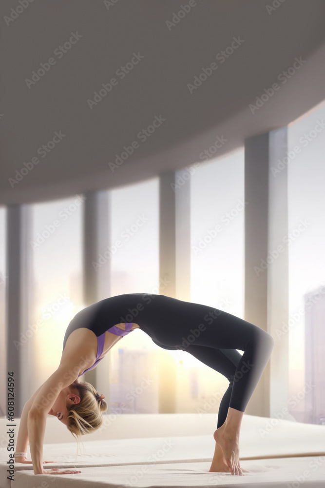 Attractive woman in black sportswear doing bridge exercise in yoga studio, The woman is in the midst of a graceful and dynamic stretch, with her body contorted in an elegant and impressive manner. Attractive woman in black sportswear doing bridge exercise in yoga studio, The woman is in the midst of a graceful and dynamic stretch, with her body contorted in an elegant and impressive manner.