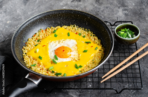 Kujirai Ramen, Shin Ramyeon or Ramyun with Egg, Melted Cheese and Scallion, Instant Noodles