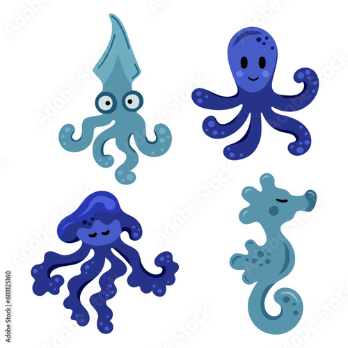 Ocean animals, squid, octopus, seahorse, jellyfish on white background. Vector illustrations set.