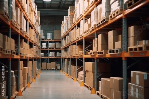 Retail Warehouse full of Shelves with Goods in Cardboard Boxes and Packages. Logistics  Sorting and Distribution Facility for Product Delivery. Generative Ai
