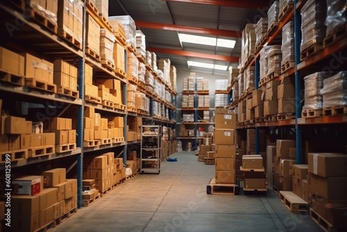 Retail Warehouse full of Shelves with Goods in Cardboard Boxes and Packages. Logistics, Sorting and Distribution Facility for Product Delivery. Generative Ai