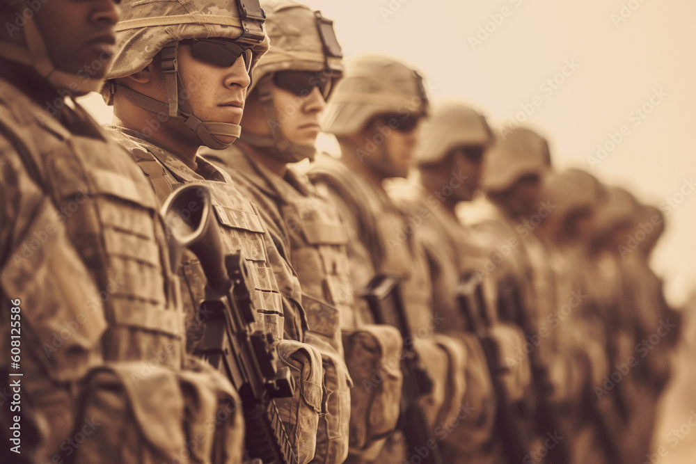 Image of soldiers they are standing in line - obrazy, fototapety, plakaty 