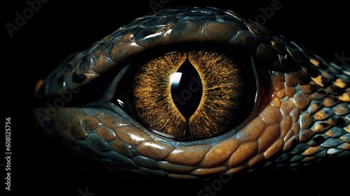 The close-up of the intense snake's eyes, with their orange color, AI generative