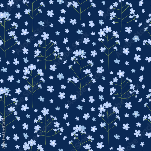 Floral seamless pattern. Forget me not flowers on navy background. Girly print