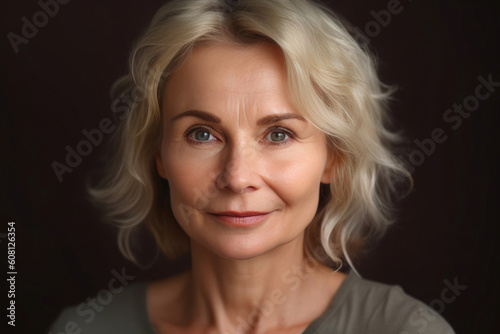 Mesmerizing Mature Woman with Captivating Gaze on Brown Backdrop. Generative AI