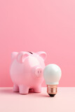 Conceptual financial planning creativity still life with piggybank and light bulb on pink background. Created with Generative AI technology.