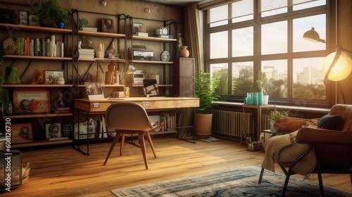 A cozy and inviting study room with a modern retro aesthetic, characterized by mid-century furniture, vintage accessories, and warm earthy tones. Generative AI © piai