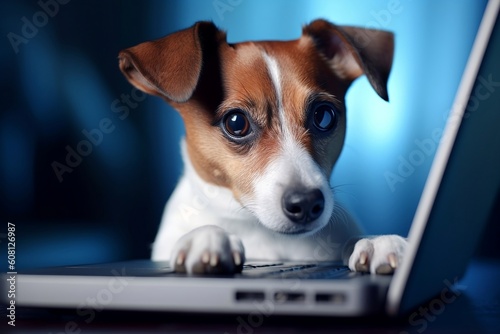 Jack Russell Terrier Looking at Laptop Image. Generative AI ©  Creative_studio