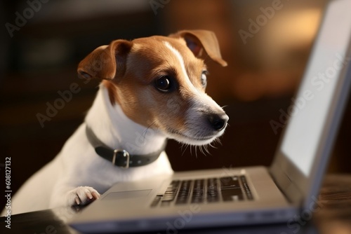 Jack Russell Terrier Looking at Laptop Image. Generative AI ©  Creative_studio