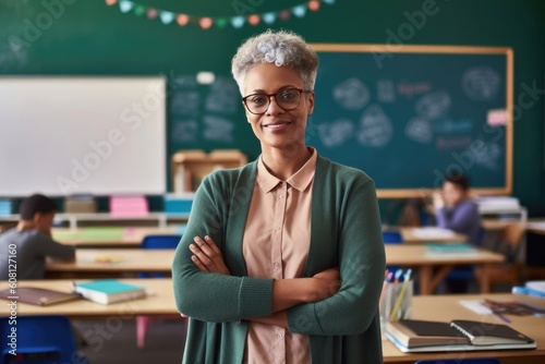 Portrait of senior teacher smiling at camera while standing in classroom of school, generative AI