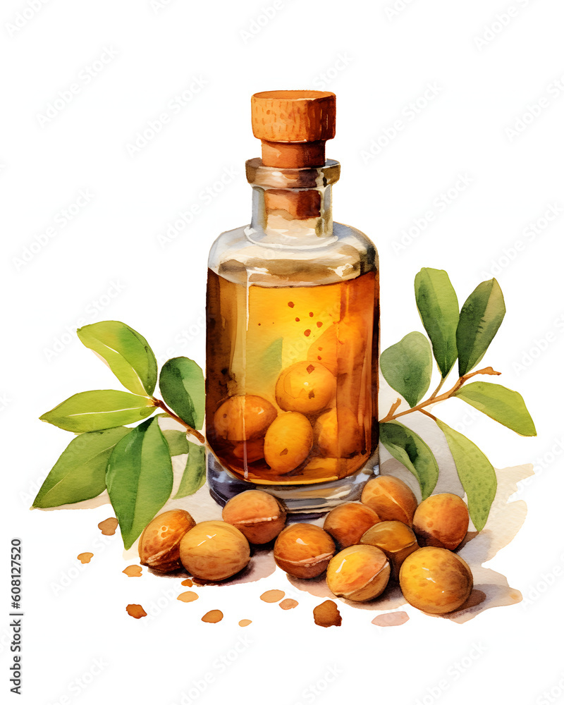 Watercolor Essential aromatic argan oil isolated Watercolor Essential aromatic argan oil isolated