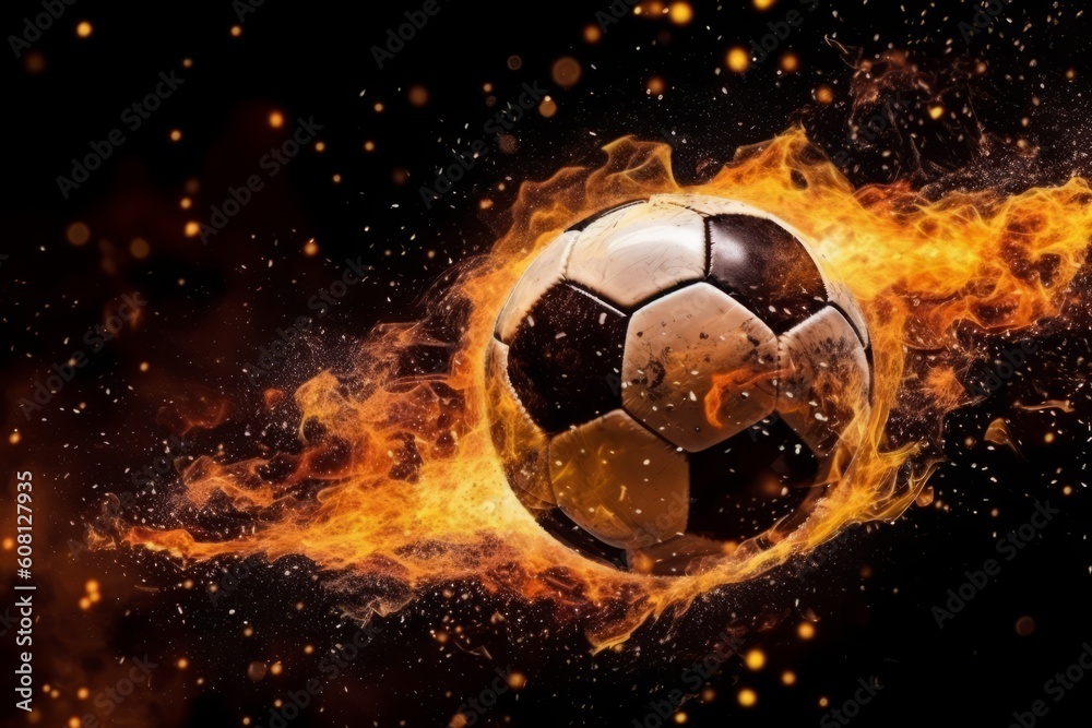 Fototapeta premium Burning soccer ball with fire sparks on black background. Generative AI