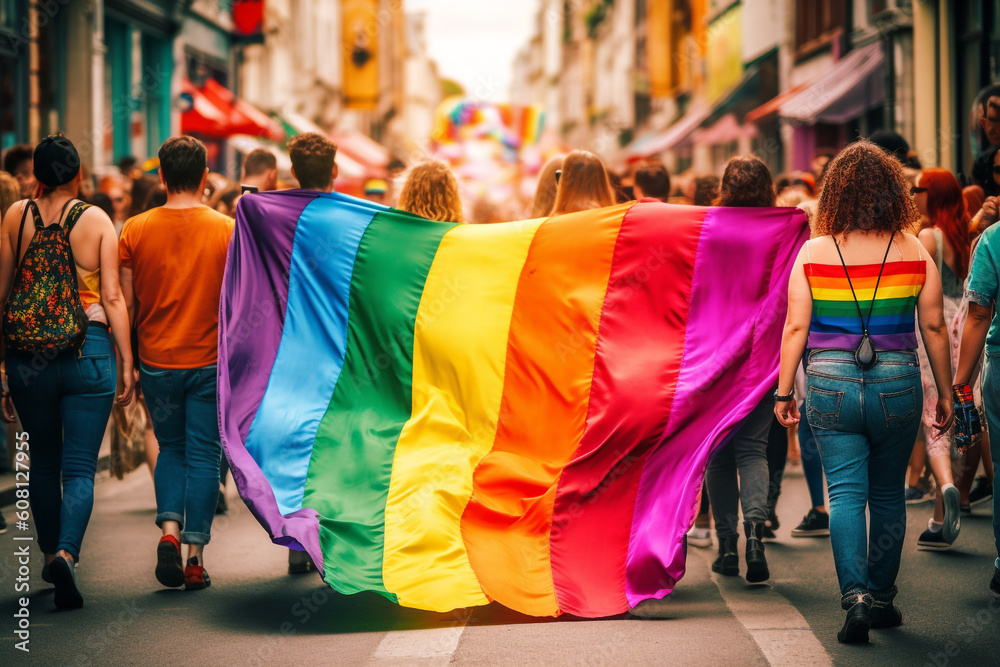 People holding rainbow flag on lgbtq pride parade. High quality photo Generative AI