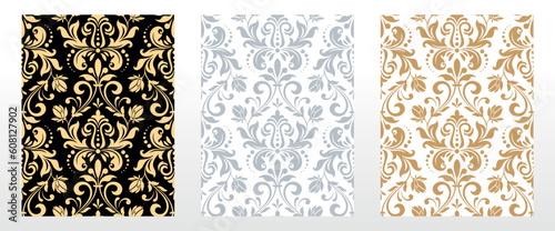 Wallpapers in the style of Baroque. Seamless vector backgrounds. Set of colored floral ornaments. Graphic patterns for fabric, wallpaper, packaging. Ornate Damask flower ornaments
