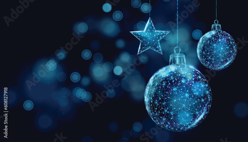 Wireframe Christmas balls and stars, low poly style. Merry Christmas and New Year banner. Abstract modern 3d vector illustration on blue background.