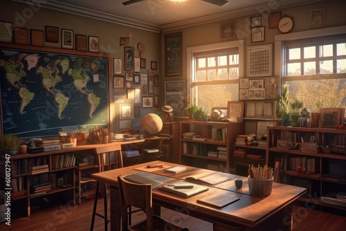 Empty class with books in bookcases and big map on the wall illuminated by the sun, generative AI
