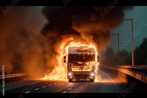 Burning transport service truck on a fast highway. Road closed and truck damaged. Ai generative