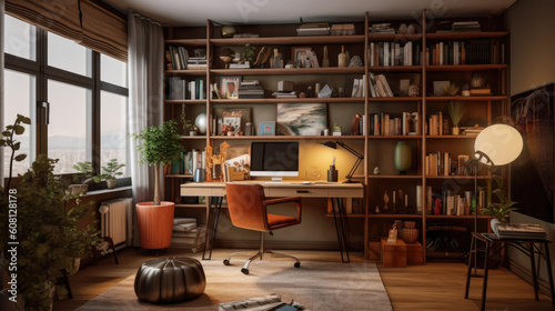 A cozy and inviting study room with a modern retro aesthetic  characterized by mid-century furniture  vintage accessories  and warm earthy tones. Generative AI
