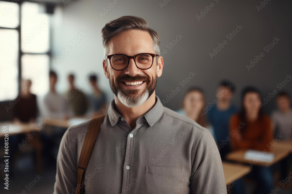 Smiling lecturer inspiring students in the classroom. Generative AI Smiling lecturer inspiring students in the classroom. Generative AI
