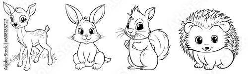 Forest animals - cute Fawn Deer, Hare, Squirrel and Hedgehog, simple thick lines kids or children cartoon coloring book pages. Clean drawing can be vectorized to illustration easily. Generative AI