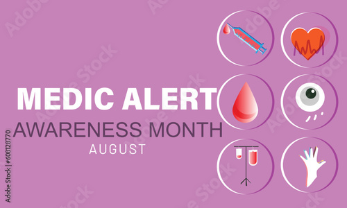 August is Medic Alert awareness month. background, banner, card, poster, template. Vector illustration.