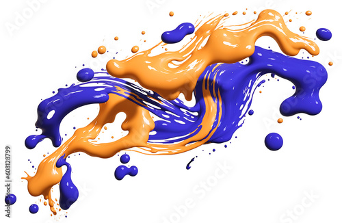 A generative AI image of swirling flying splashes of thick blue and yellow paint; abstract background art