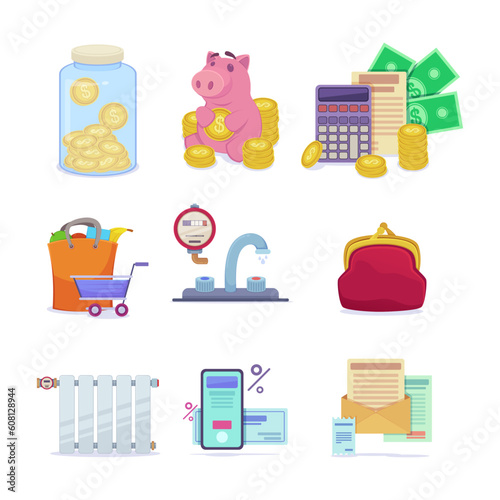 Family budget management vector illustrations set. Collection of cartoon drawings of jar and piggybank with savings, shopping, water and heating costs. Household, finances, family budget concept